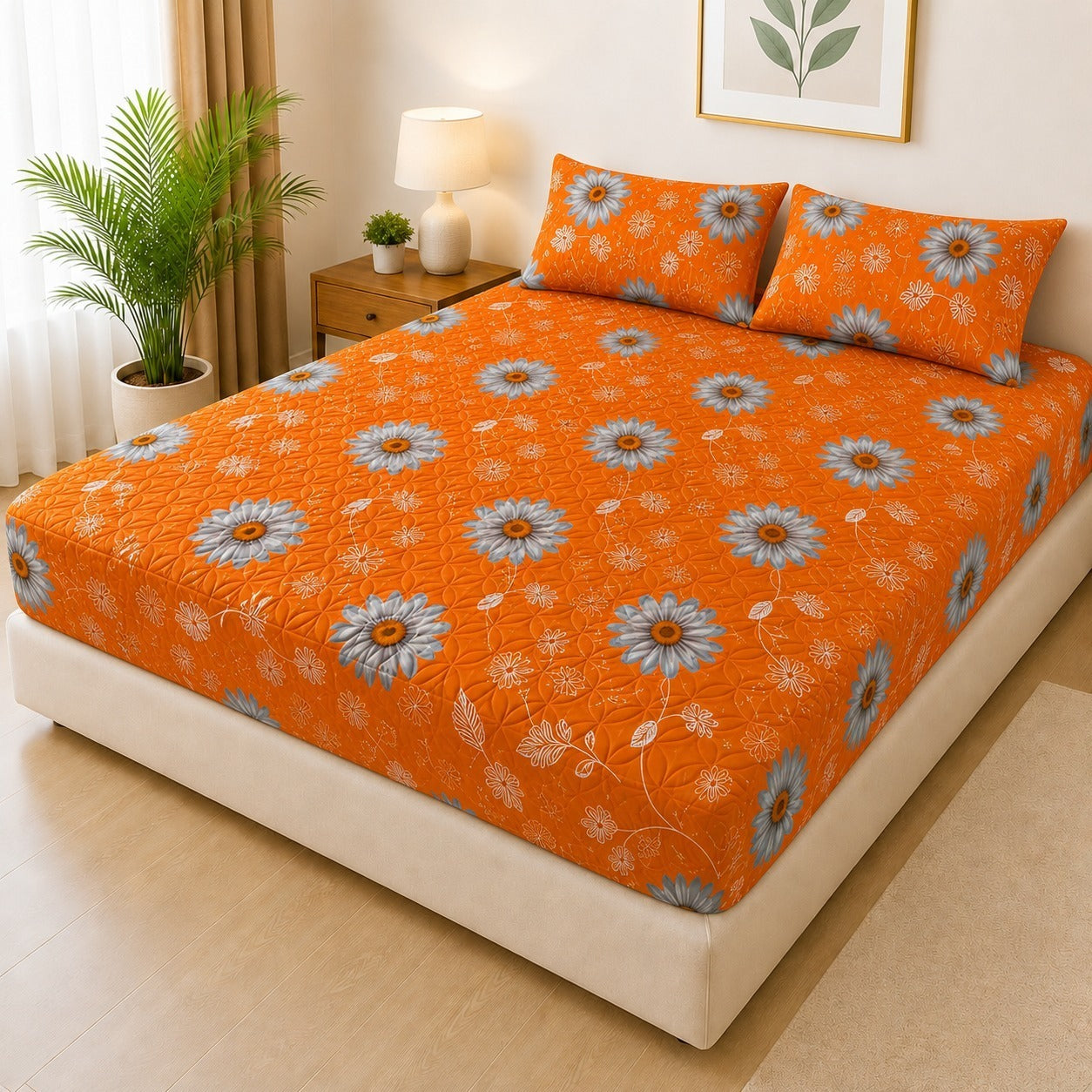Mat Printed Quilted Ultrasonic 100% Waterproof Mattress Cover For Double Bed Fitted Mattress Protector Anti Sleep Bed Sheet With Pillow Cover (SH 703)