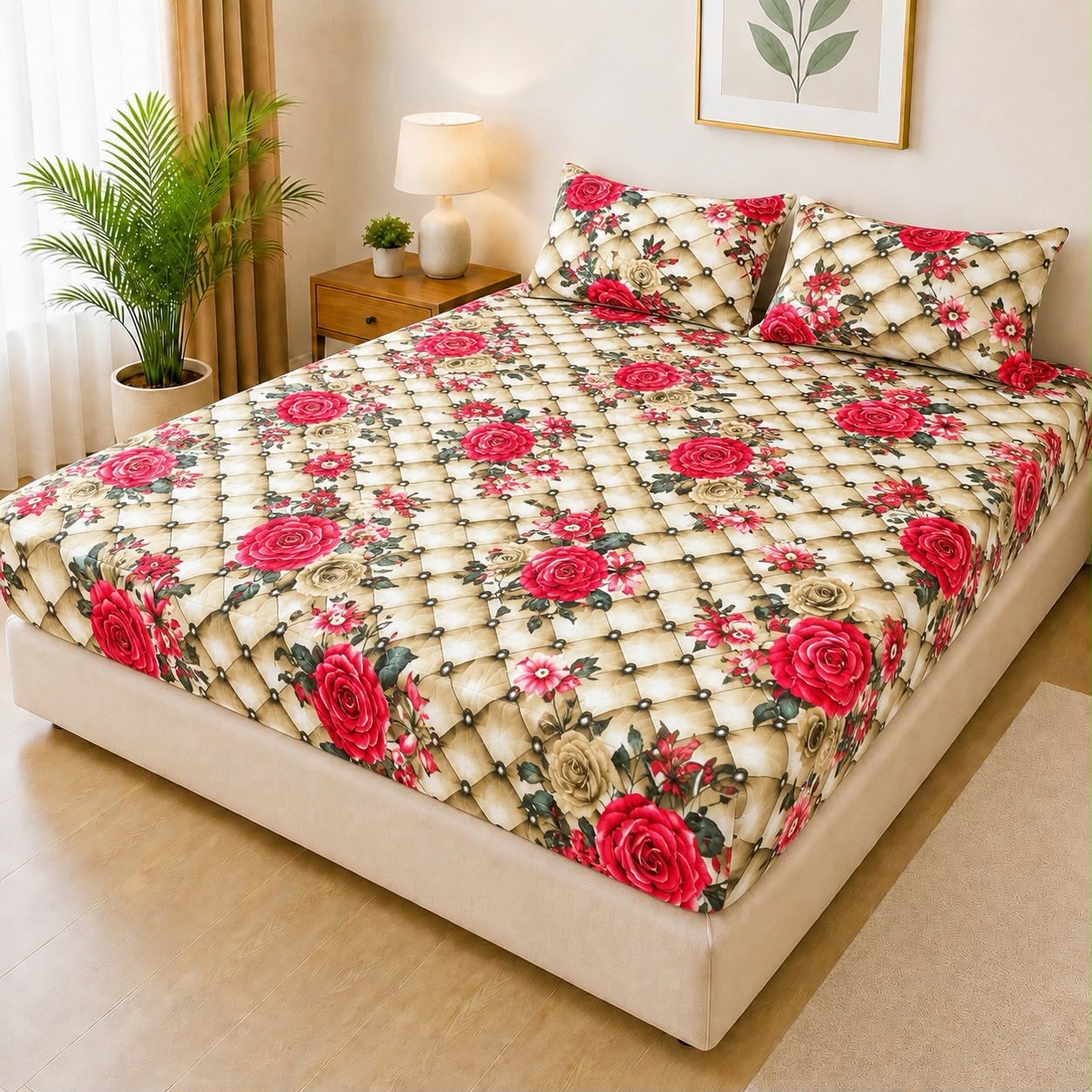 Mat Printed Quilted Ultrasonic 100% Waterproof Mattress Cover For Double Bed Fitted Mattress Protector Anti Sleep Bed Sheet With Pillow Cover (SH 715)