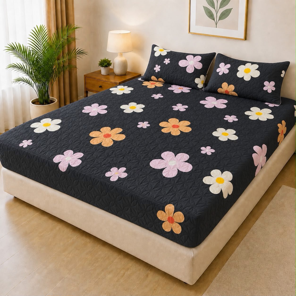 Mat Printed Quilted Ultrasonic 100% Waterproof Mattress Cover For Double Bed Fitted Mattress Protector Anti Sleep Bed Sheet With Pillow Cover (SH 706)