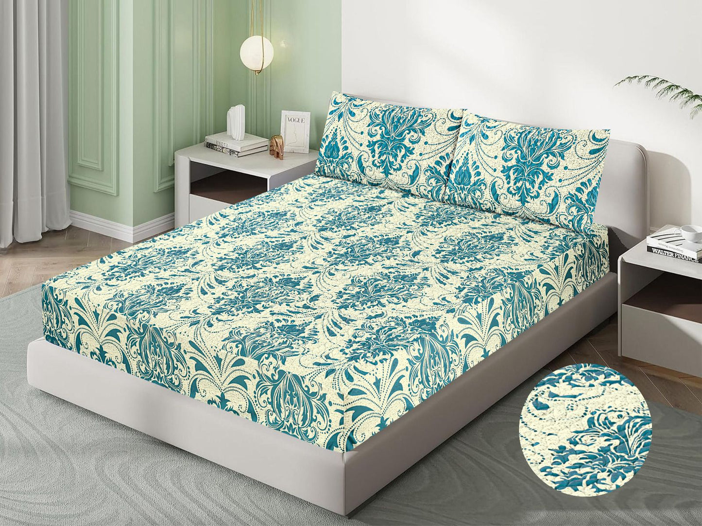 Mat Printed Quilted Ultrasonic 100% Waterproof Mattress Cover For Double Bed Fitted Mattress Protector Anti Sleep Bed Sheet With Pillow Covers(Green Traditional)