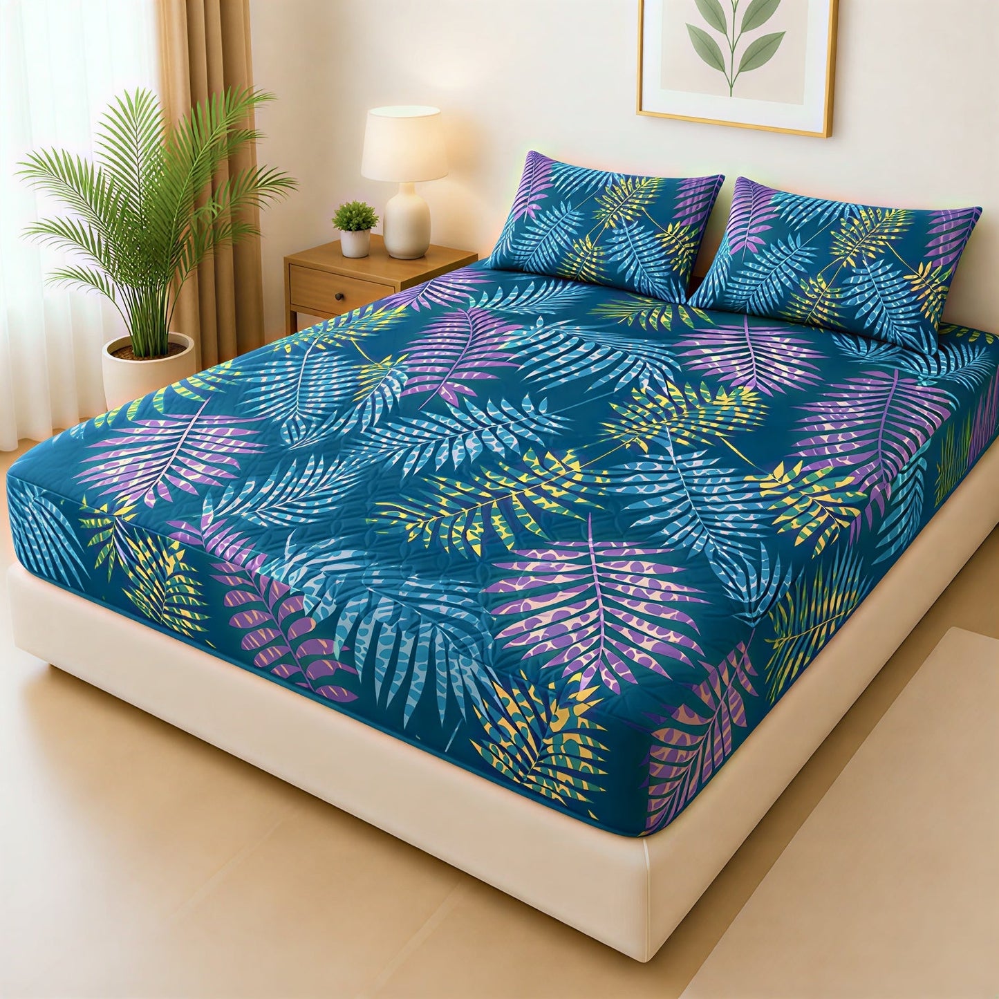 Mat Printed Quilted Ultrasonic 100% Waterproof Mattress Cover For Double Bed Fitted Mattress Protector Anti Sleep Bed Sheet With Pillow Cover (SH 702)