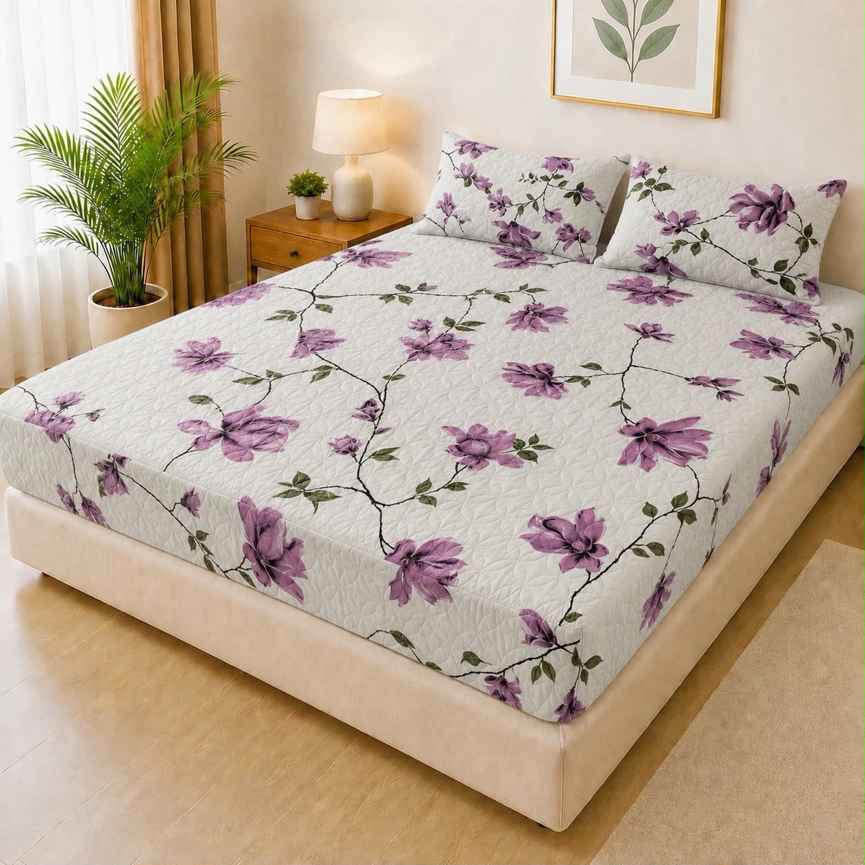 Mat Printed Quilted Ultrasonic 100% Waterproof Mattress Cover For Double Bed Fitted Mattress Protector Anti Sleep Bed Sheet With Pillow Cover (SH 721)